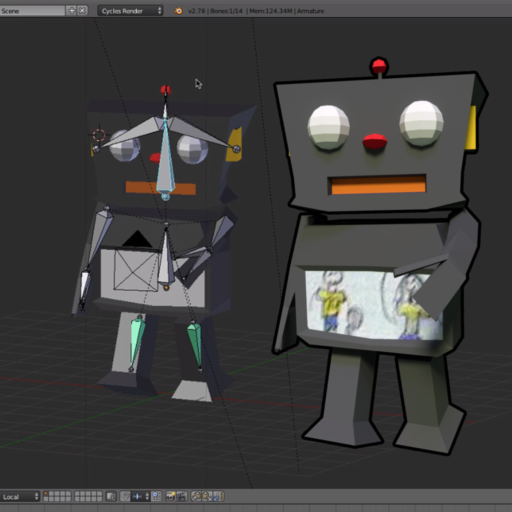 A esquerda, o robô com "ossos" (rigging) e a direita a pose exportada.