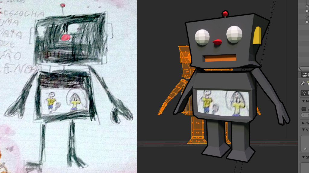 Do lado esquerdo, o desenho enviado pela Isadora, do lado direito, o modelo final em 3D criado no Blender!